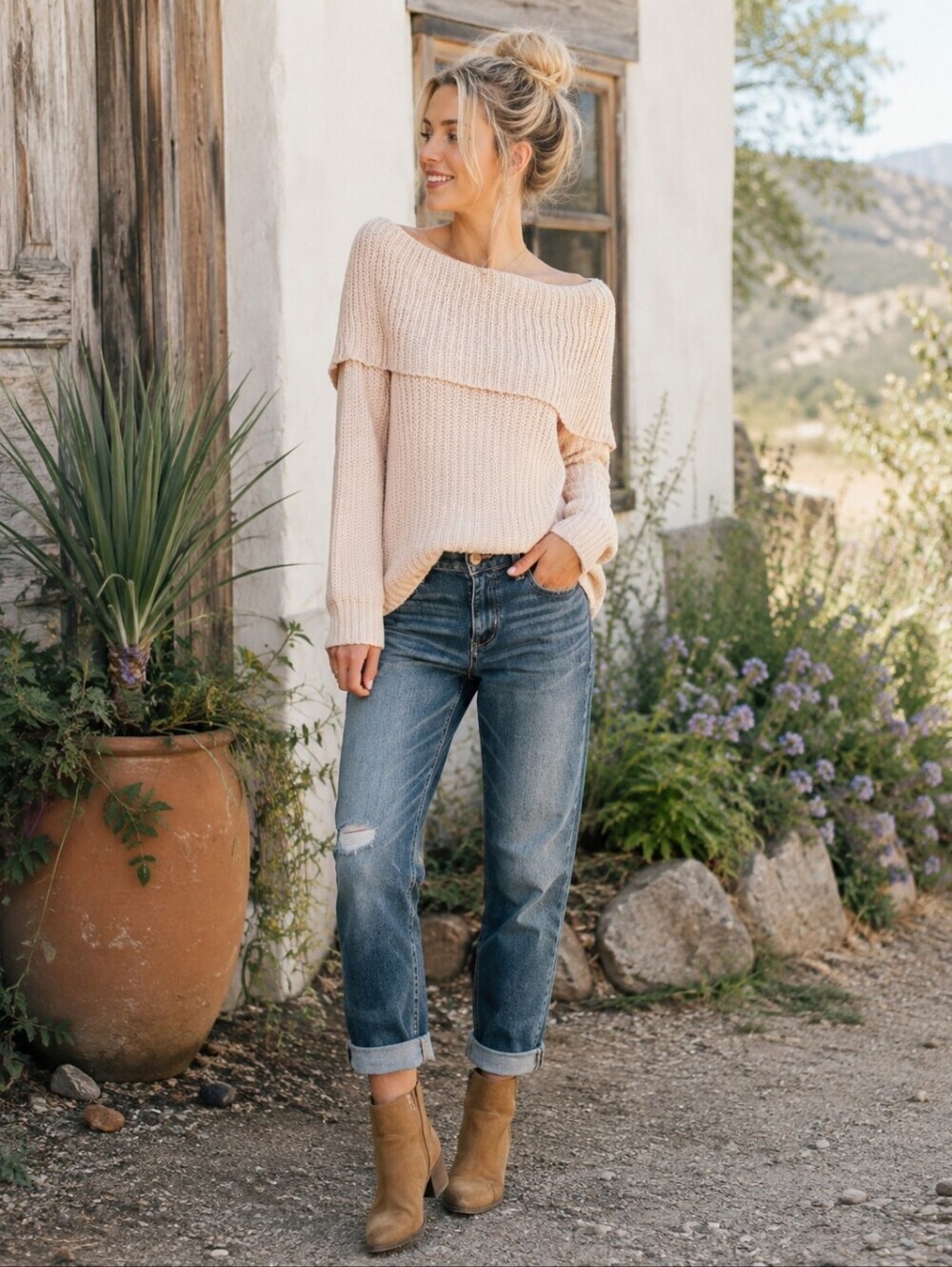 Anthropologie Elodie Off-Shoulder Cream And Pink Sweater NWT